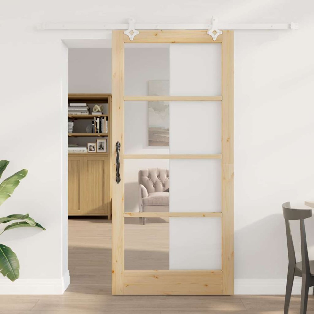 vidaXL Συρόμενη Πόρτα Φυσικό 93 x 202 cm Μασίφ ξύλο πεύκου και γυαλί