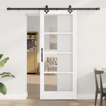 vidaXL Συρόμενη Πόρτα Λευκό 83 x 202 εκ. Μασίφ ξύλο πεύκου και γυαλί