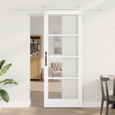 vidaXL Συρόμενη Πόρτα Λευκό 83 x 211 εκ. Μασίφ ξύλο πεύκου και γυαλί