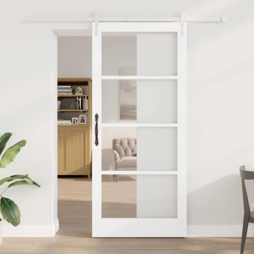 vidaXL Συρόμενη Πόρτα Λευκό 93 x 211 εκ. Μασίφ ξύλο πεύκου και γυαλί