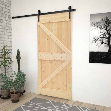 vidaXL Συρόμενη Πόρτα Φυσικό και Μαύρο 90 x 210 cm Μασίφ Ξύλο Πεύκου