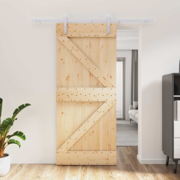 vidaXL Συρόμενη Πόρτα Φυσικό και Λευκό 90 x 210 cm Μασίφ Ξύλο Πεύκου