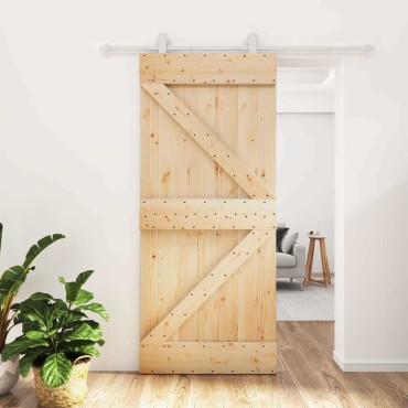 vidaXL Συρόμενη Πόρτα Φυσικό και Λευκό 90 x 210 cm Μασίφ Ξύλο Πεύκου