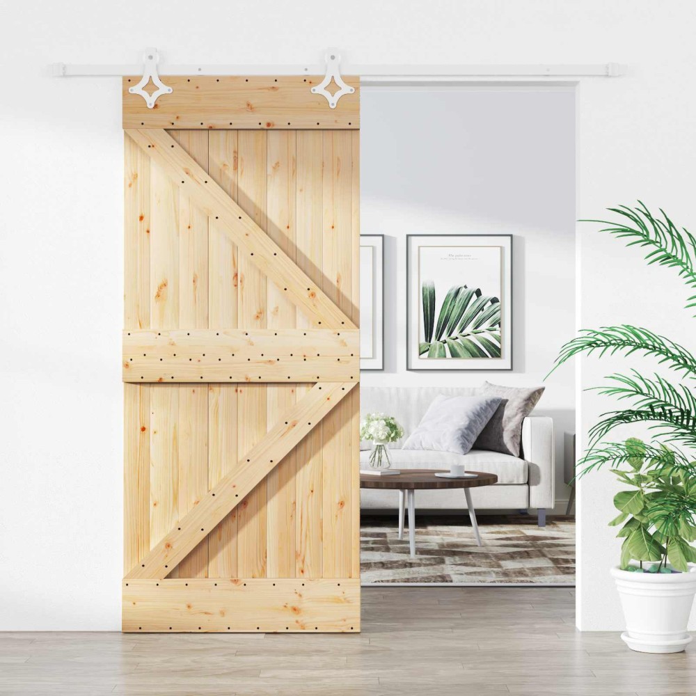 vidaXL Συρόμενη Πόρτα Φυσικό και Λευκό 90 x 210 cm Μασίφ Ξύλο Πεύκου
