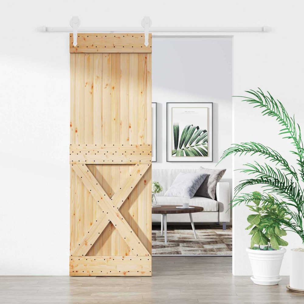 vidaXL Συρόμενη Πόρτα Φυσικό και Λευκό 80 x 210 cm Μασίφ Ξύλο Πεύκου
