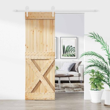 vidaXL Συρόμενη Πόρτα Φυσικό και Λευκό 80 x 210 cm Μασίφ Ξύλο Πεύκου