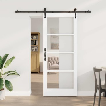 vidaXL Συρόμενη Πόρτα 83 x 202 εκ. Μασίφ ξύλο πεύκου και γυαλί Λευκό