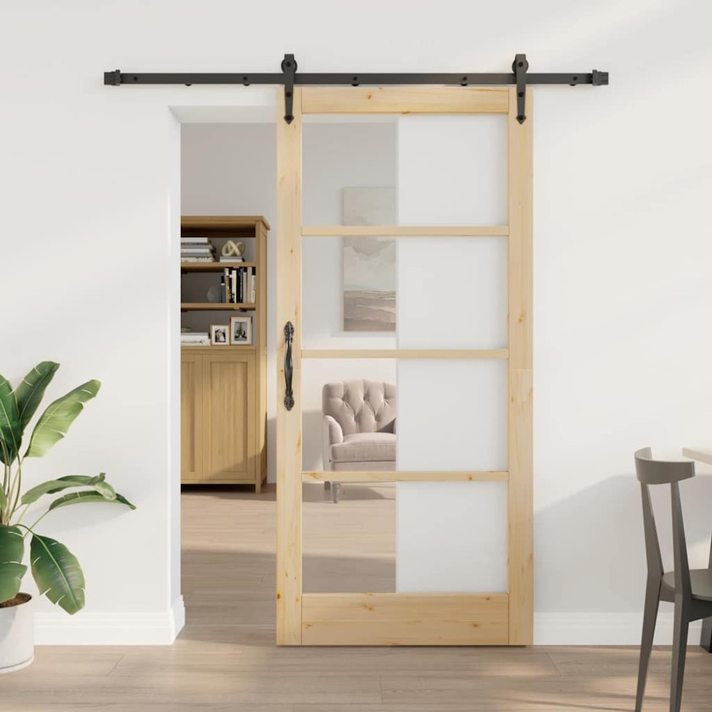 vidaXL Συρόμενη Πόρτα Φυσικό 93 x 202 cm Μασίφ ξύλο πεύκου και γυαλί