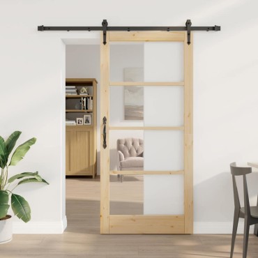 vidaXL Συρόμενη Πόρτα Φυσικό 93 x 202 cm Μασίφ ξύλο πεύκου και γυαλί