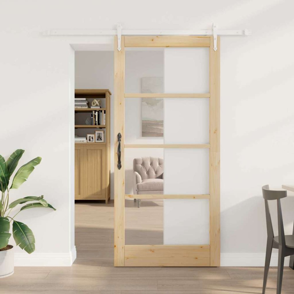 vidaXL Συρόμενη Πόρτα Φυσικό 93 x 202 cm Μασίφ ξύλο πεύκου και γυαλί