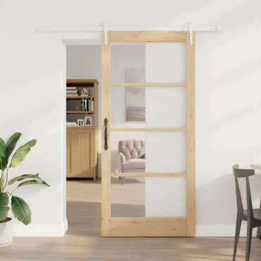 vidaXL Συρόμενη Πόρτα Φυσικό 93 x 202 cm Μασίφ ξύλο πεύκου και γυαλί