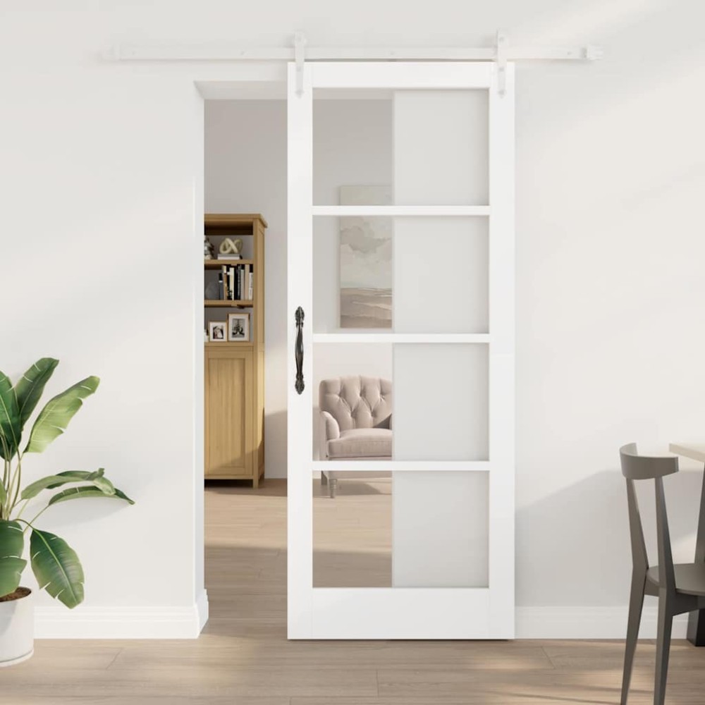 vidaXL Συρόμενη Πόρτα Λευκό 83 x 211 εκ. Μασίφ ξύλο πεύκου και γυαλί