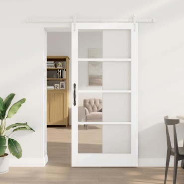 vidaXL Συρόμενη Πόρτα Λευκό 93 x 202 cm Μασίφ ξύλο πεύκου και γυαλί