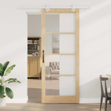vidaXL Συρόμενη Πόρτα 93 x 232 εκ. Μασίφ ξύλο πεύκου και γυαλί Φυσικό