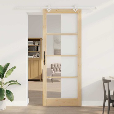 vidaXL Συρόμενη Πόρτα 93 x 232 εκ. Μασίφ ξύλο πεύκου και γυαλί Φυσικό