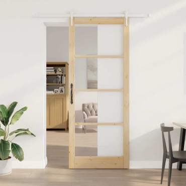 vidaXL Συρόμενη Πόρτα 93 x 232 εκ. Μασίφ ξύλο πεύκου και γυαλί Φυσικό