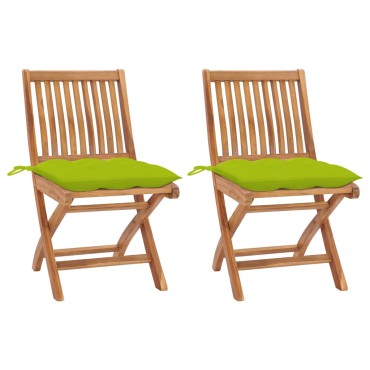 vidaXL Καρέκλες Κήπου 2 τεμ. Μασίφ Ξύλο Teak με Φωτ. Πράσινα Μαξιλάρια 46,5x58x88cm