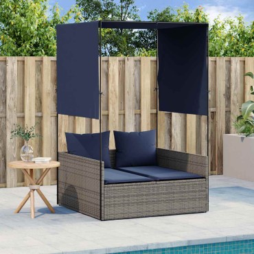vidaXL Διπλή Ξαπλώστρα με Σκεπή και Κουρτίνες από Γκρι Συνθετικό Ρατάν