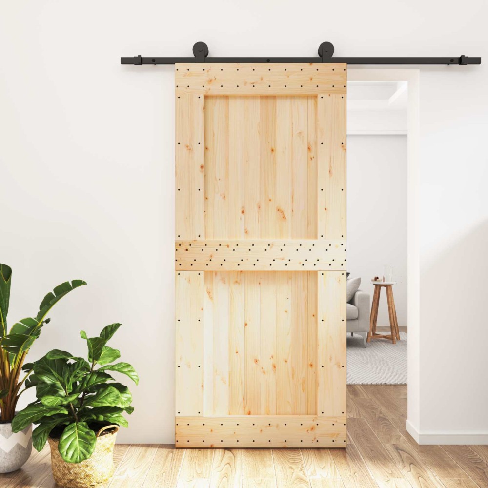 vidaXL Συρόμενη Πόρτα 95 x 210 cm Συμπαγές Ξύλο Πεύκου (Ακατέργαστο)