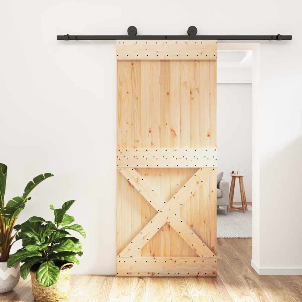 vidaXL Συρόμενη Πόρτα 90 x 210 cm Συμπαγές Ξύλο Πεύκου (Ακατέργαστο)