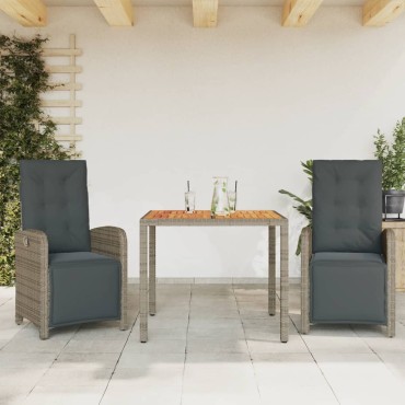 vidaXL Σετ Επίπλων Bistro 3 τεμ. Γκρι Συνθετικό Ρατάν με Μαξιλάρια 57x60x93/110cm
