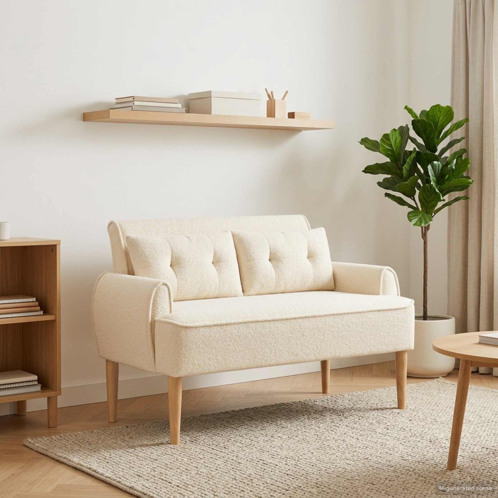 vidaXL Love seat με κουμπιά Κρεμ 117x67x77cm Μπουκλέ