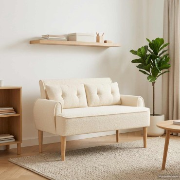 vidaXL Love seat με κουμπιά Κρεμ 117x67x77cm Μπουκλέ