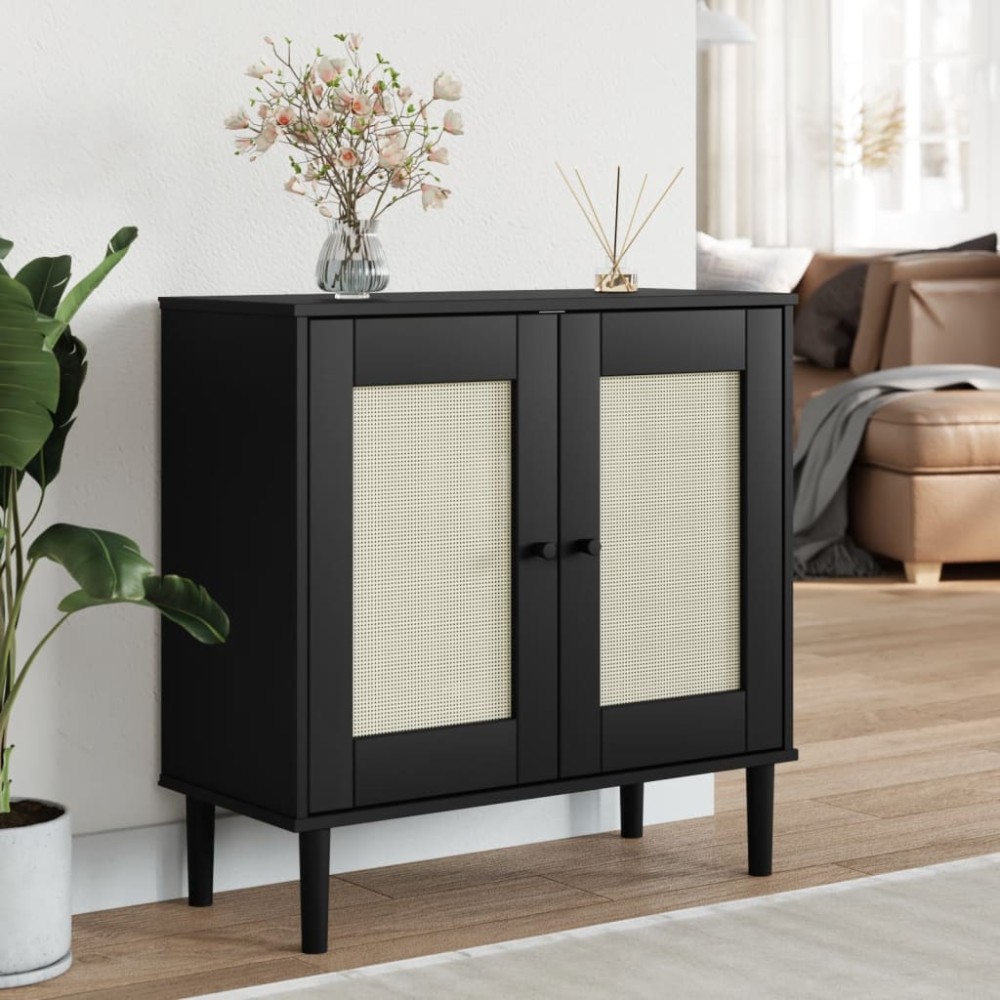 vidaXL Μπουφές SENJA Μαύρο / Ρατάν 80x35x80cm Μασίφ Ξύλο Πεύκου 1 τεμ.