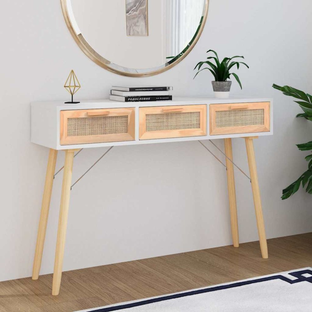 vidaXL Τραπέζι Κονσόλα Λευκό 105x30x75cm Μασίφ Πεύκο & Φυσικό Ρατάν 1 τεμ. vidaXL Τραπέζι Κονσόλα Λευκό 105x30x75cm Μασίφ Πεύκο & Φυσικό Ρατάν 1 τεμ.