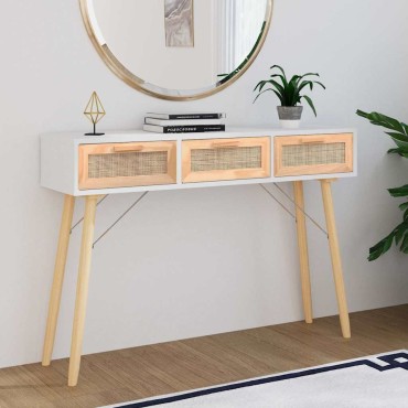 vidaXL Τραπέζι Κονσόλα Λευκό 105x30x75cm Μασίφ Πεύκο & Φυσικό Ρατάν 1 τεμ.