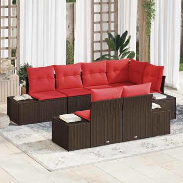 vidaXL Σετ Καναπέ Κήπου 7 τμχ. Καφέ και Κόκκινο συνθετικό ρατάν