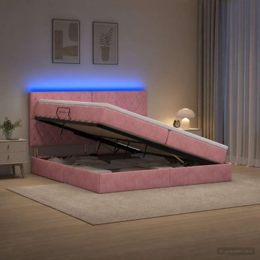 vidaXL LED Κρεβάτι αποθήκευσης με στρώμα Ροζ 200 x 200 cm Βελούδο