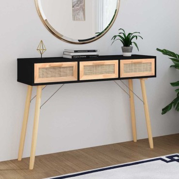 vidaXL Τραπέζι Κονσόλα Μαύρο 105x30x75cm Μασίφ Πεύκο & Φυσικό Ρατάν 1 τεμ.