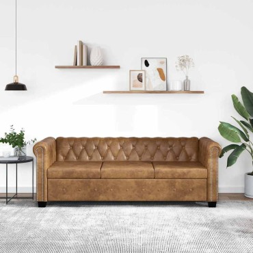 vidaXL Καναπές Τριθέσιος Chesterfield Καφέ από Συνθετικό Δέρμα 200,5x76x70cm 1 τεμ.
