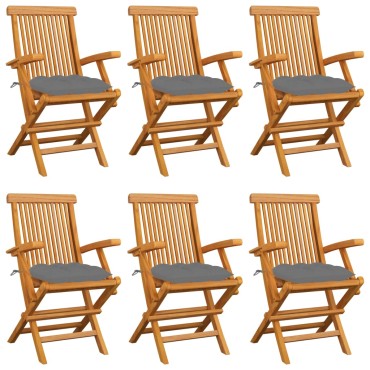 vidaXL Καρέκλες Κήπου 6 τεμ. από Μασίφ Ξύλο Teak με Γκρι Μαξιλάρια 55x60x89cm