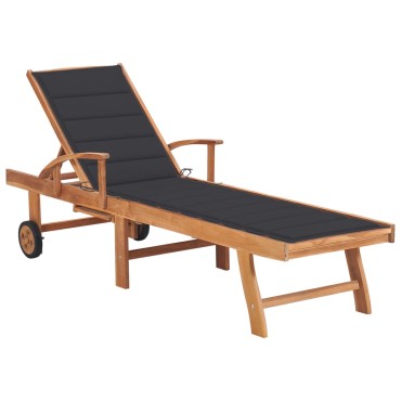 vidaXL Ξαπλώστρα από Μασίφ Ξύλο Teak με Ανθρακί Μαξιλάρι 1 τεμ.