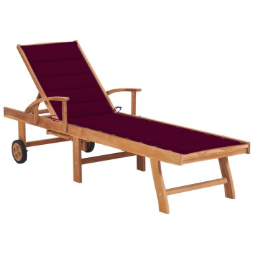 vidaXL Ξαπλώστρα από Μασίφ Ξύλο Teak με Μπορντώ Μαξιλάρι 1 τεμ.