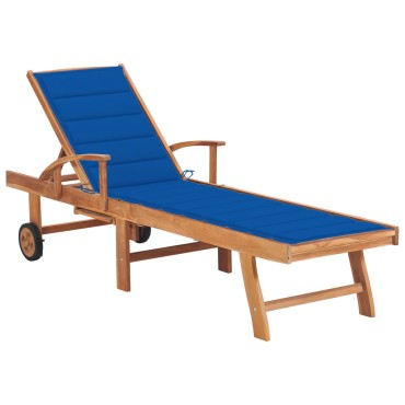 vidaXL Ξαπλώστρα από Μασίφ Ξύλο Teak με Μπλε Ρουαγιάλ Μαξιλάρι 1 τεμ.