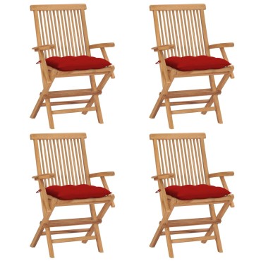 vidaXL Καρέκλες Κήπου 4 τεμ. από Μασίφ Ξύλο Teak με Κόκκινα Μαξιλάρια 55x60x89cm