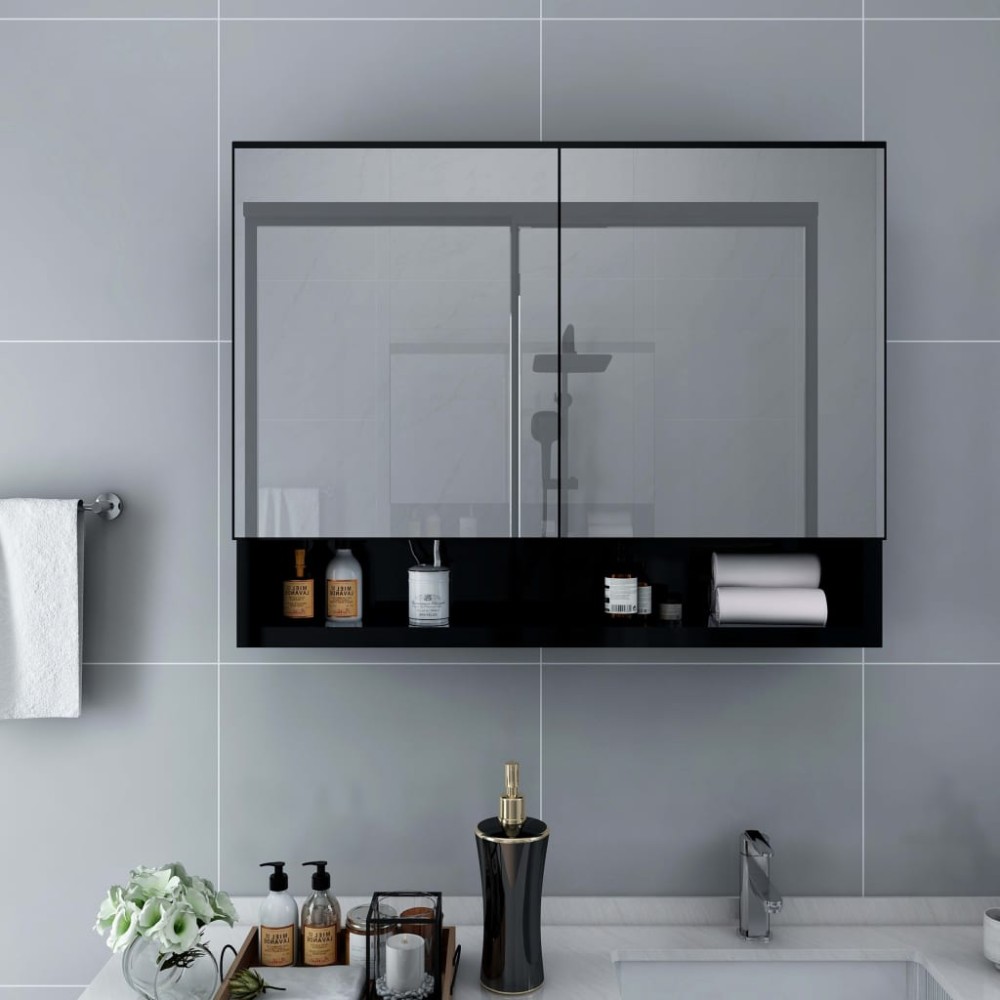 vidaXL Καθρέφτης Μπάνιου με Ντουλάπι / LED Μαύρο 80x15x60cm MDF 1 τεμ.