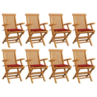 vidaXL Καρέκλες Κήπου 8 τεμ. από Μασίφ Ξύλο Teak με Κόκκινα Μαξιλάρια 55x60x89cm