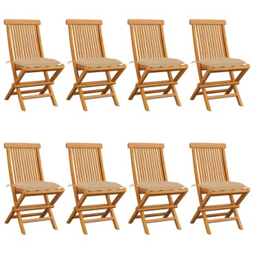 vidaXL Καρέκλες Κήπου 8 τεμ. από Μασίφ Ξύλο Teak με Μπεζ Μαξιλάρια 47x60x89cm