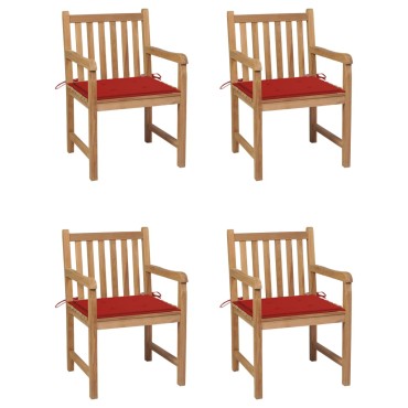 vidaXL Καρέκλες Κήπου 4 τεμ. από Μασίφ Ξύλο Teak με Κόκκινα Μαξιλάρια 58x60x90cm