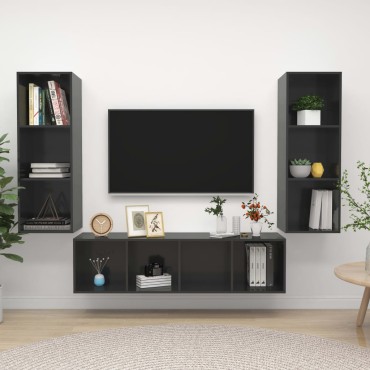 vidaXL Έπιπλα Τηλεόρασης Σετ 3 τεμ. Γυαλιστερό Γκρι από Επεξ. Ξύλο 37x37x107cm