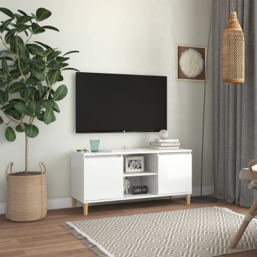 vidaXL Έπιπλο Τηλεόρασης Γυαλ. Λευκό 103,5x35x50cm Μασίφ Ξύλινα Πόδια