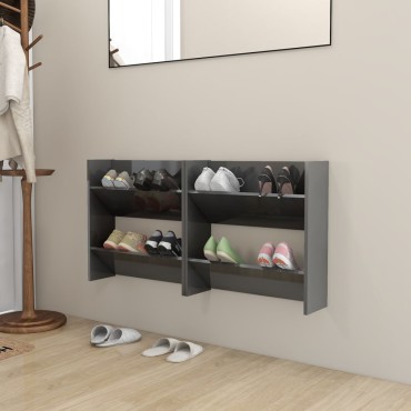 vidaXL Παπουτσοθήκες Τοίχου 2 τεμ. Γυαλ. Γκρι 60x18x60cm Επεξ. Ξύλο