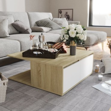 vidaXL Τραπεζάκι Σαλονιού Λευκό/Sonoma Δρυς 80x80x31cm Επεξ. Ξύλο 1 τεμ.