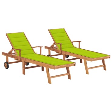 vidaXL Ξαπλώστρες 2 τεμ. από Μασίφ Ξύλο Teak με Φωτ. Πράσινο Μαξιλάρι