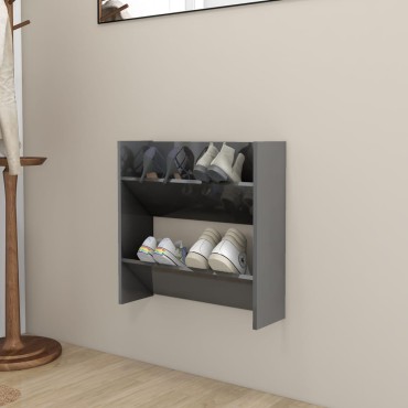 vidaXL Παπουτσοθήκη Τοίχου Γυαλιστερό Γκρι 60x18x60cm Επεξ. Ξύλο