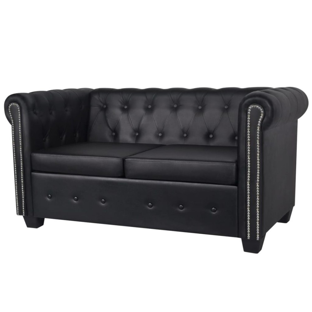 vidaXL Καναπές Διθέσιος Chesterfield Μαύρος από Συνθετικό Δέρμα 145,5x76x70cm 1 τεμ.